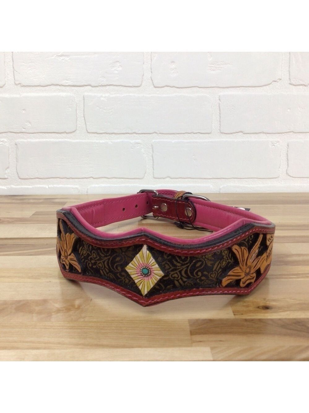 Mad Cow Genuine Leather Dog Collar Western Luxury Handmade NWT pink brown detail